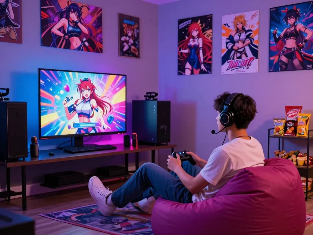 Engaging gamer enjoying hentai games in a modern gaming room