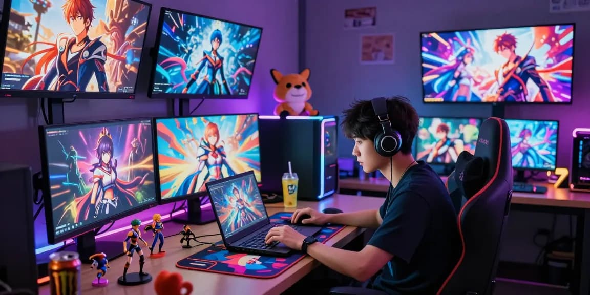 A captivating gamer engaging with an immersive hentaigame experience, surrounded by vibrant visual elements and colorful gaming accessories.