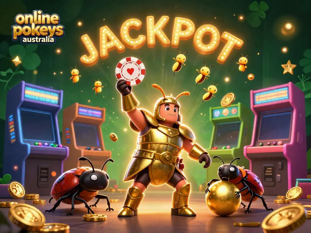 Experience online pokies Australia with a victorious beetle character in a vibrant, dynamic casino scene.