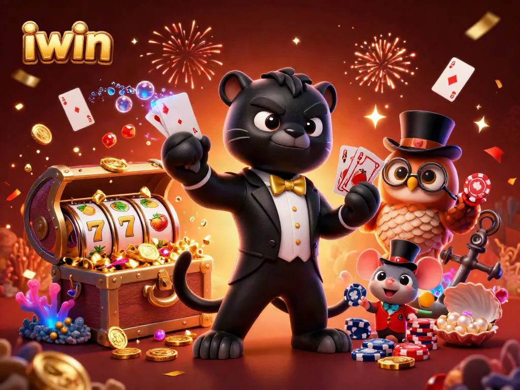 Engage with iwin's vibrant casino illustration featuring a stylish panther, owl, and mouse amidst slot reels and treasures.