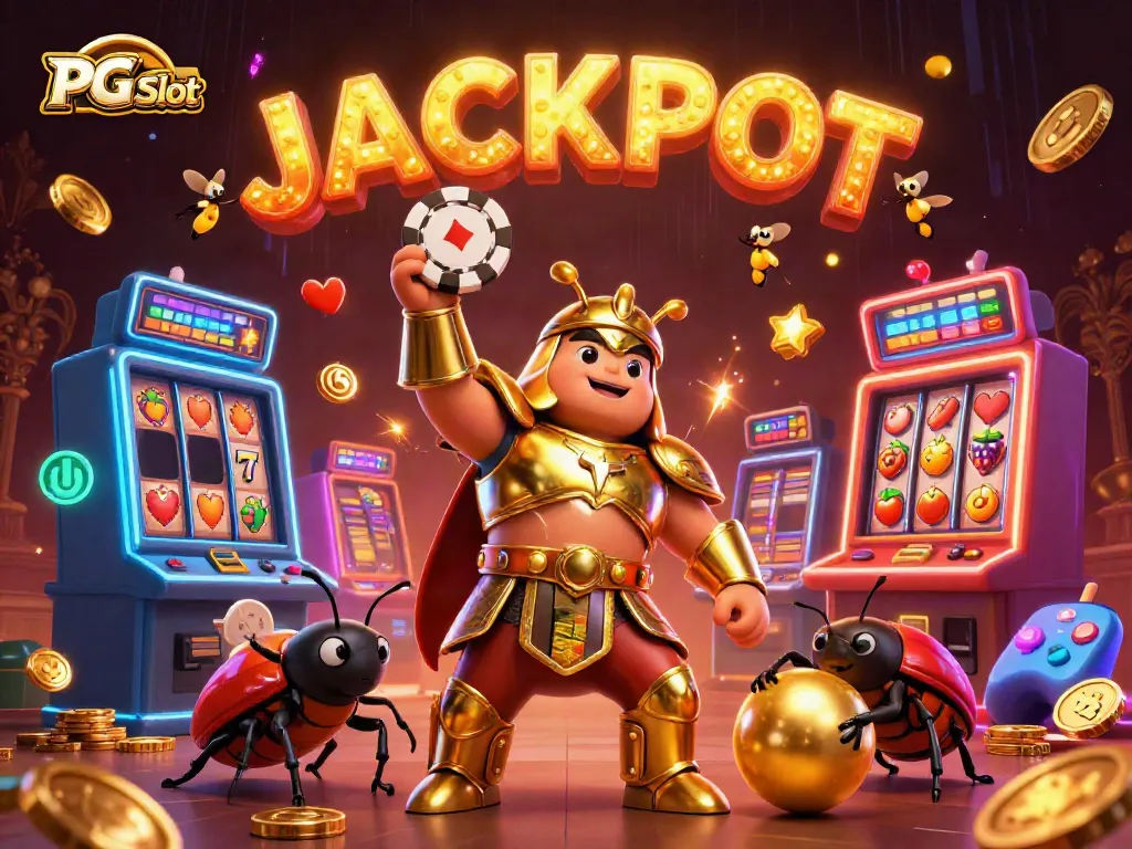 Experience the excitement of PG Slot, featuring a cartoon beetle in gladiator armor with a jackpot, surrounded by glowing slot machines.