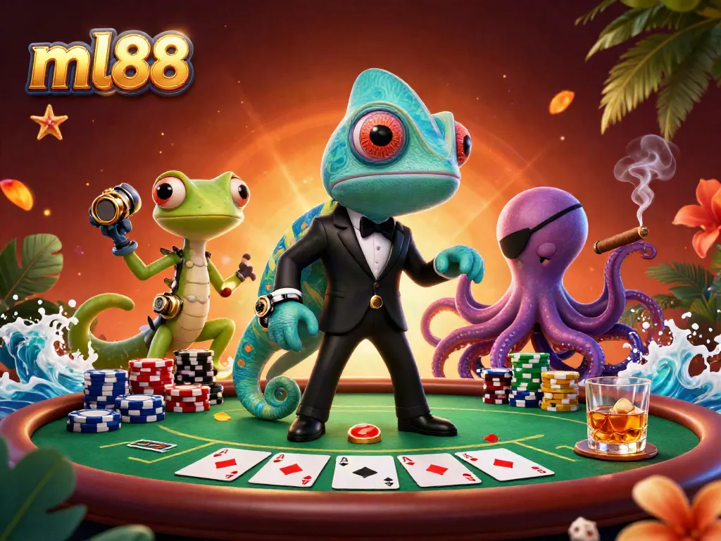 Experience thrilling poker action with ml88 in a vibrant 3D casino scene featuring colorful characters and game elements.