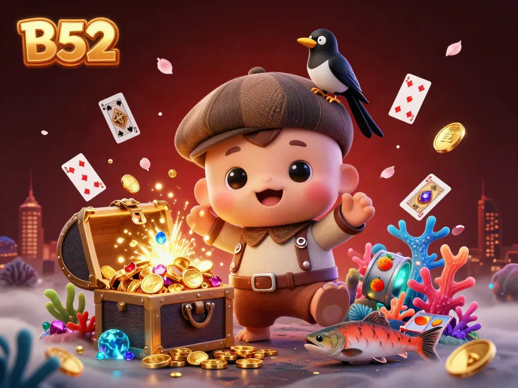 Engage with the B52 gaming spirit through an illustrated scene featuring vibrant characters amidst casino elements.