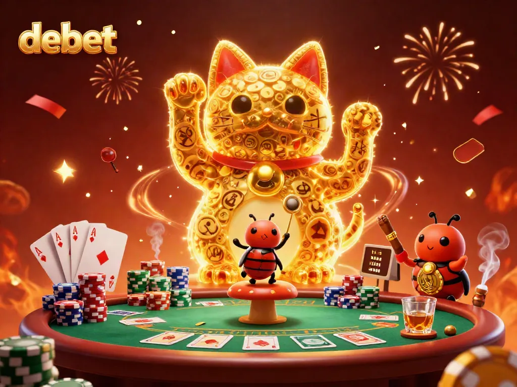 Experience the thrill of debet as a lucky cat made from fireflies waves between poker symbols in a vibrant casino