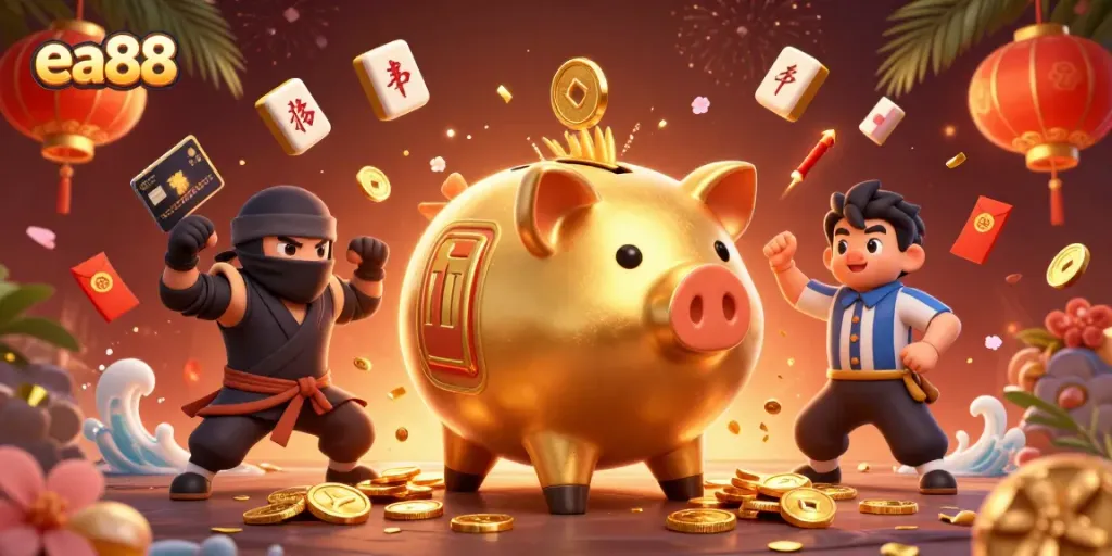 Experience thrilling gameplay with ea88, featuring characters like a golden piggy bank sumo wrestler and vibrant casino elements.
