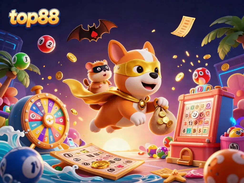 Play exciting games with top88 in this vibrant casino-themed 3D illustration featuring a superhero dog.