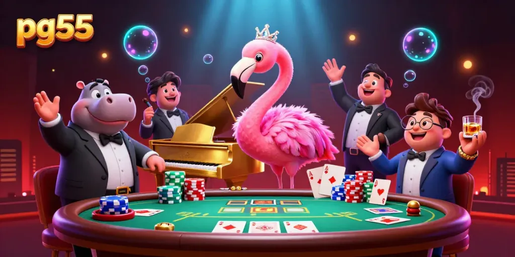 Experience excitement at pg55 casino with vibrant 3D characters in a lively gaming setting.