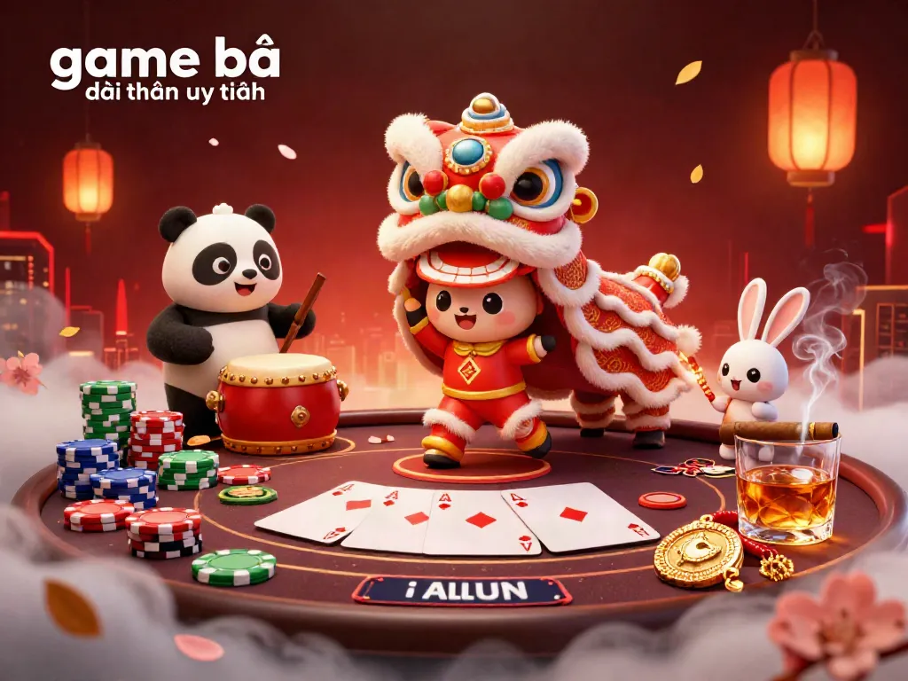 A lively 3D scene showcasing "game bài đổi thưởng uy tín" with festive characters celebrating at a poker table.