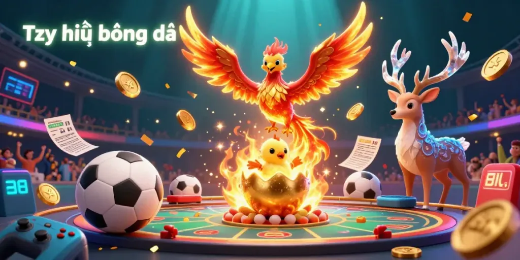 Explore Tỷ lệ bóng đá with vibrant sports betting visuals, featuring a phoenix and gaming elements.