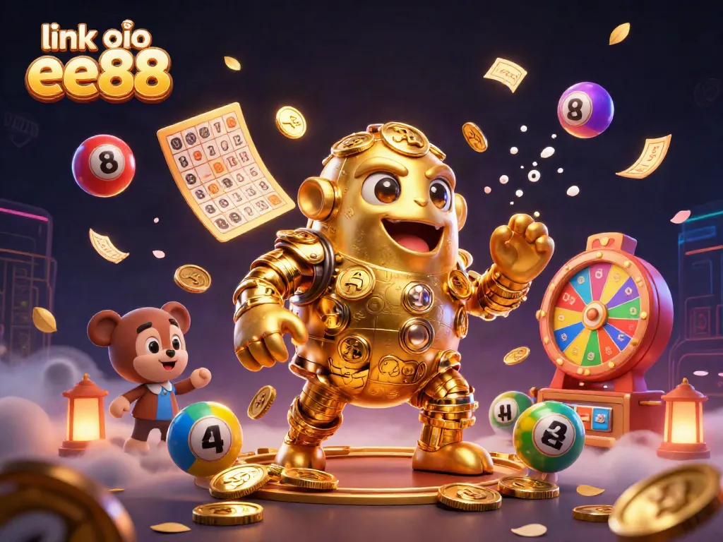 Experience the thrill at link vào ee88 with a vibrant 3D casino scene showcasing a golden golem and dynamic lottery elements.