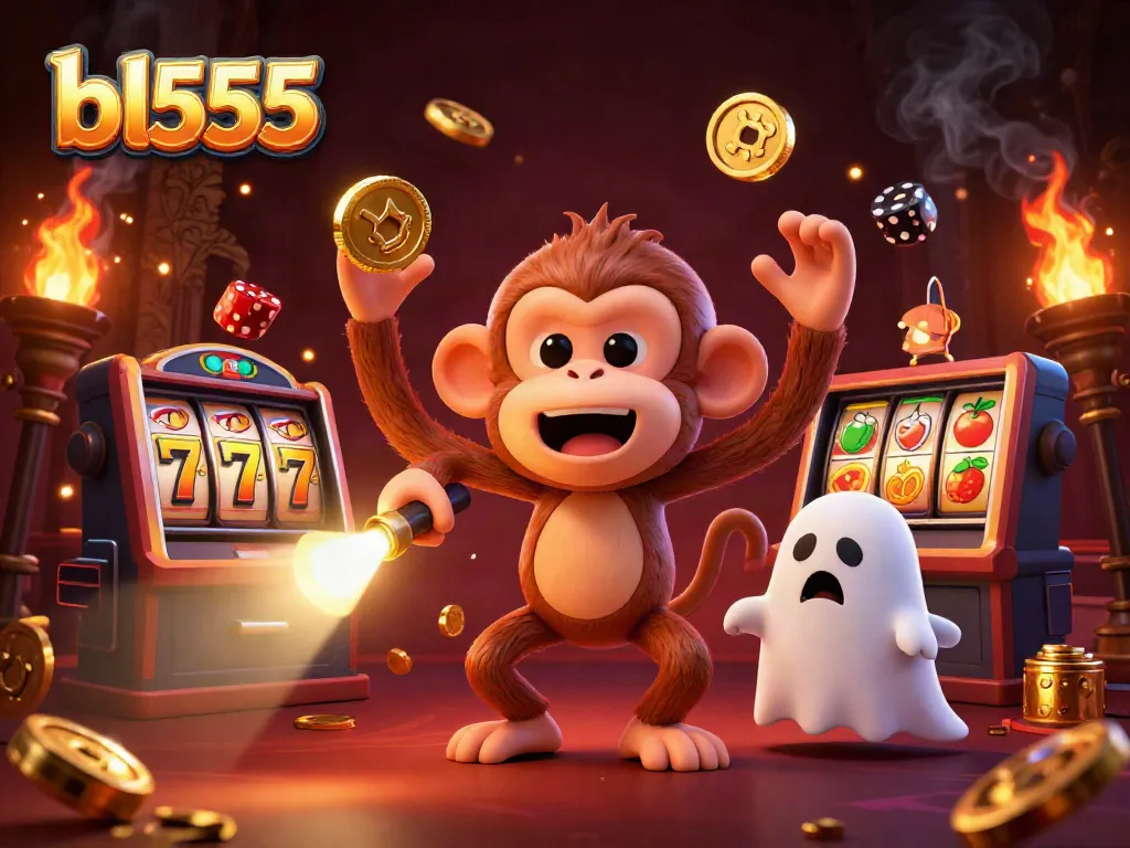 Experience the excitement with bl555's 3D casino scene featuring a playful ghost and sports symbols.