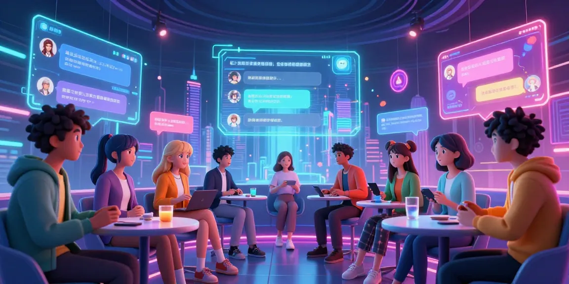 Engaging AI ecchi chat scene with diverse avatars and dynamic conversations, vibrant digital atmosphere.
