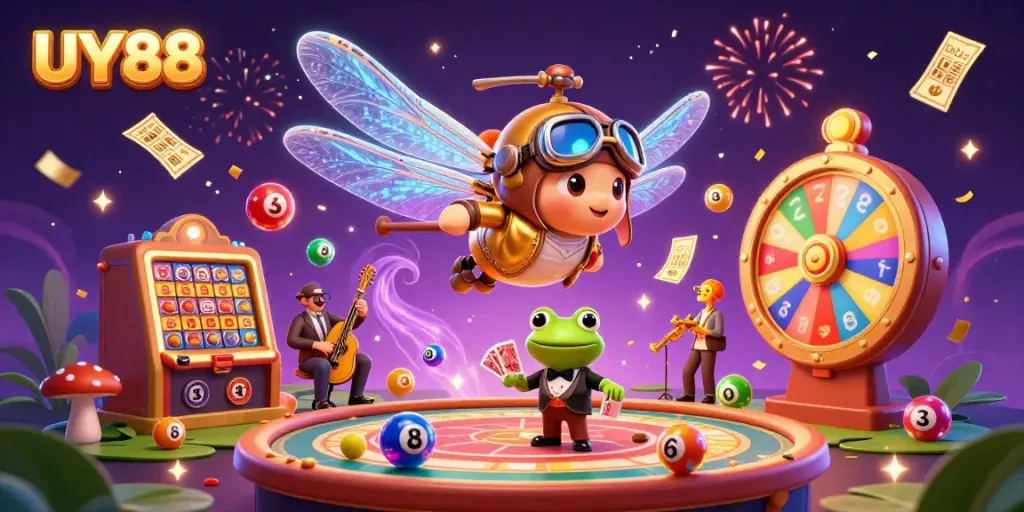 Experience the vibrant energy of UY88's casino world with a dragonfly pilot and frog croupier in a lively gaming scene.