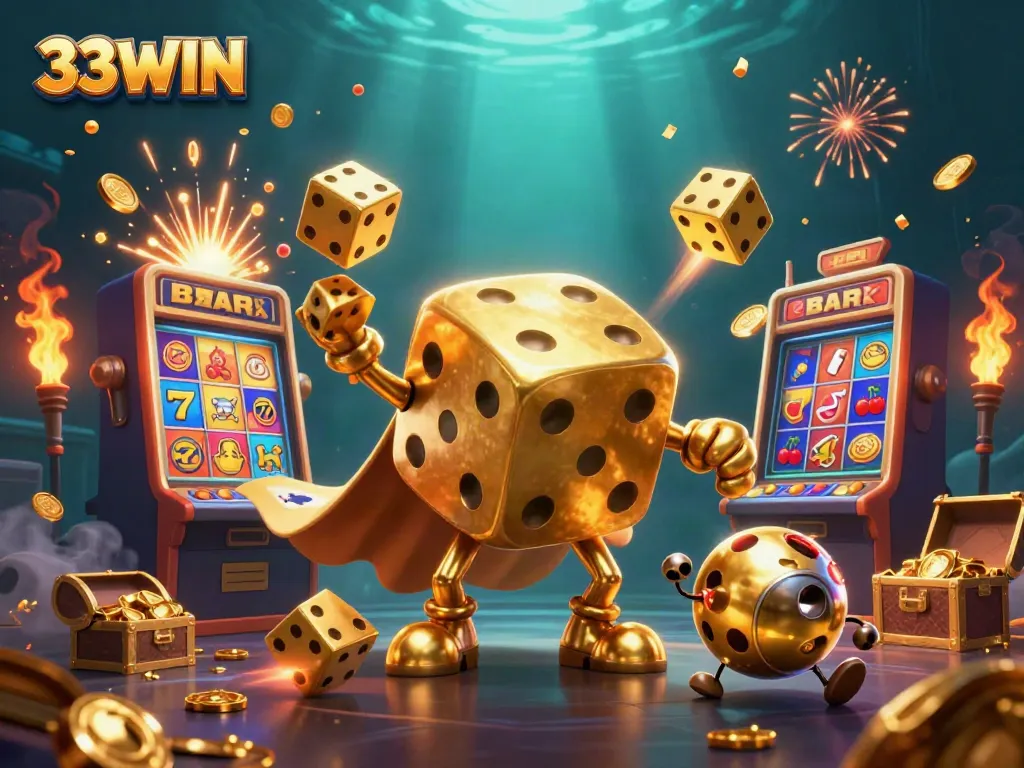 33WIN showcases a vibrant 3D illustration of gaming excitement with golden dice, slot machines, and dynamic casino elements.