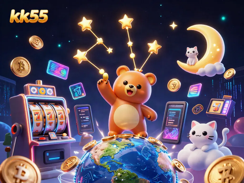 Engage with the thrilling world of kk55 online slots featuring a cosmic bear and neon coins.