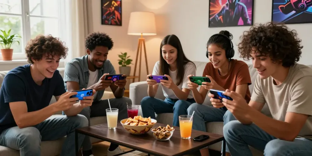 Friends enjoying 3 Patti No1 game on smartphones in a cozy setting, showcasing excitement and community.