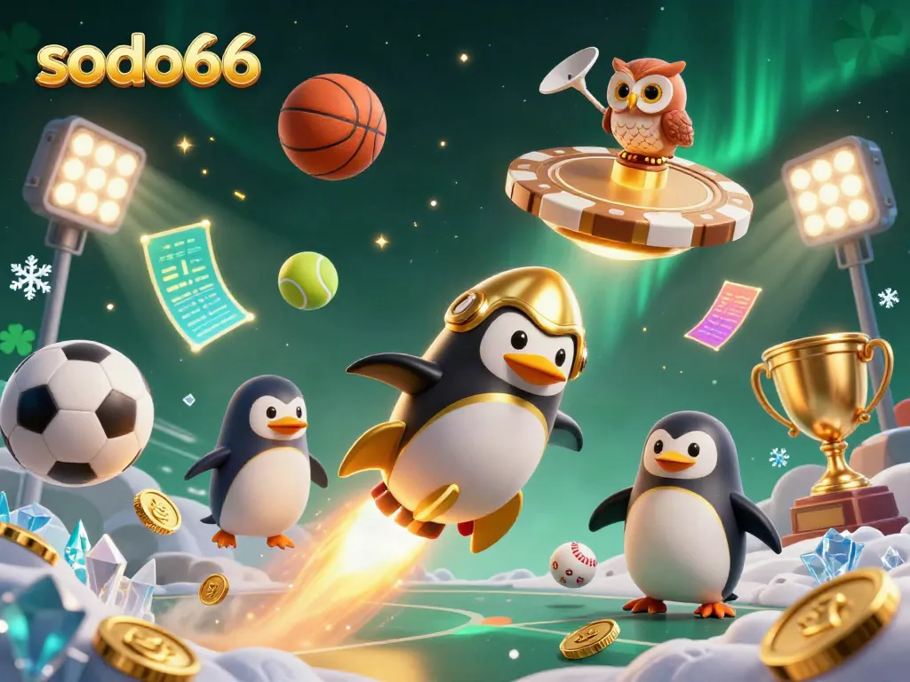 Join the thrilling adventure of sodo66 with a golden penguin soaring to a casino space station.