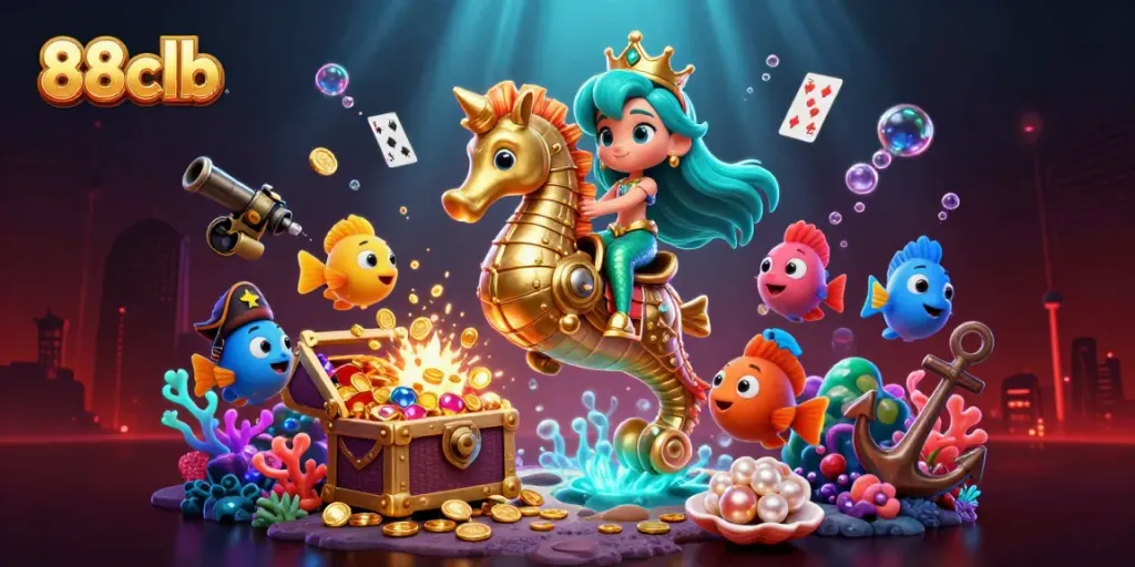 Engage with 88clb's vibrant underwater casino scene featuring a mermaid princess and treasures.