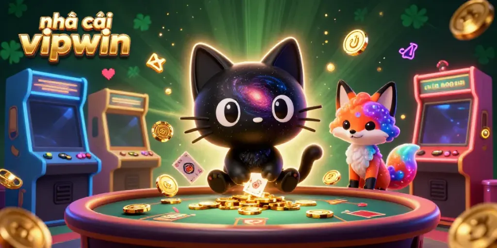 Exciting casino scene featuring nhà cái vipwin with a cosmic cat and dynamic game elements.