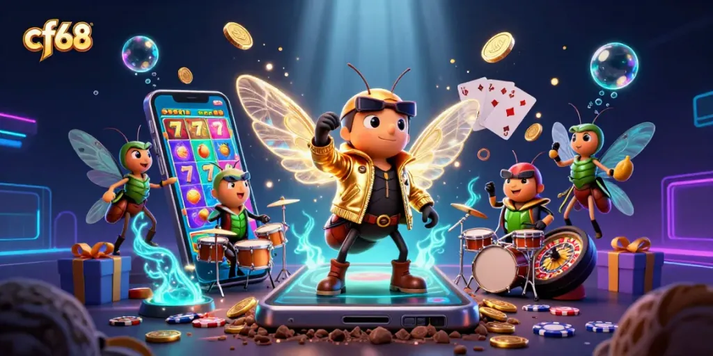 Experience the excitement of cf68 with vibrant slot symbols in a dynamic casino scene.