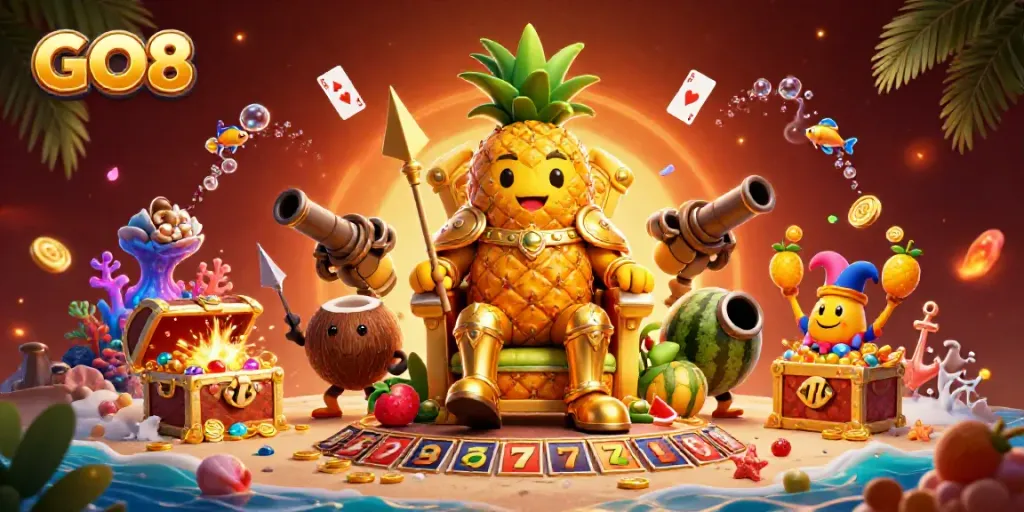 Experience the excitement of GO8-themed casino action with vibrant 3D art featuring slots and lively characters.