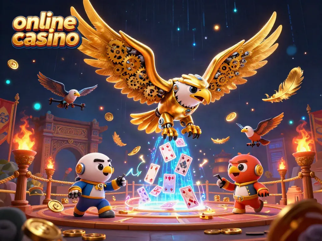 Engage in thrilling gameplay at this vibrant online casino illustration featuring a diving golden eagle and holographic cards.