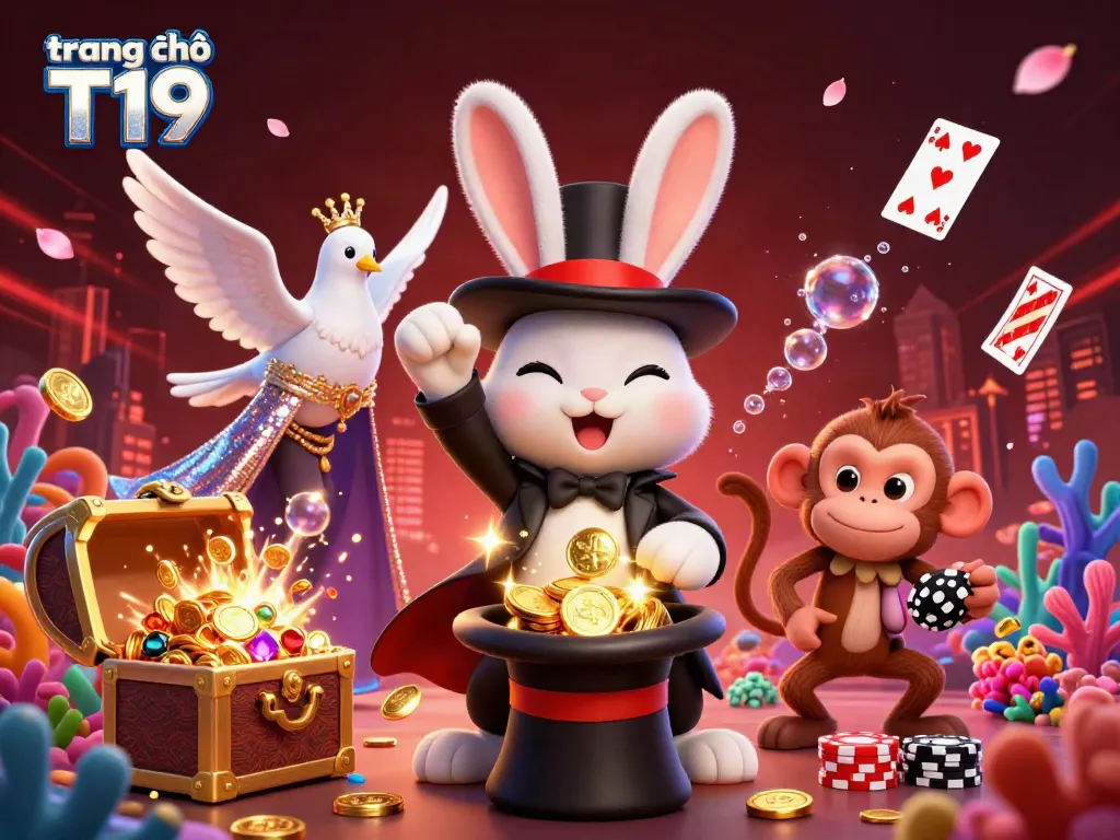 Experience the magic of gaming at trang chủ T19 with a captivating scene featuring a magician rabbit and enchanting game elements.