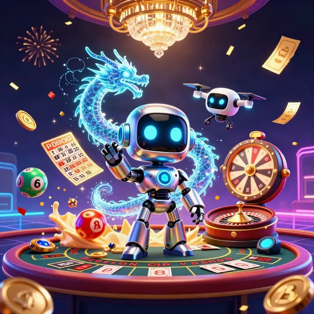 Cyberpunk robot, holographic dragon and coin drone amid casino lights, roulette, cards and confetti