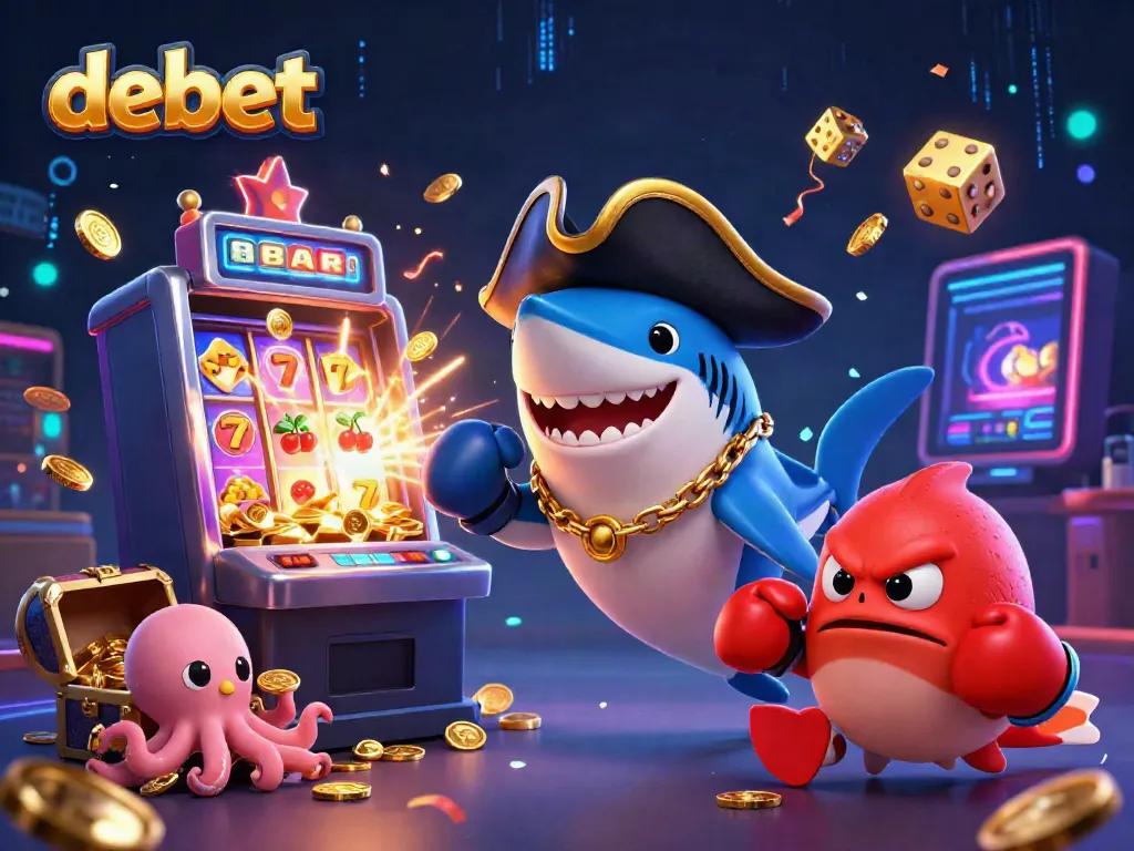 Engage in the excitement of debet with a vibrant colorful 3D casino scene filled with characters and action.