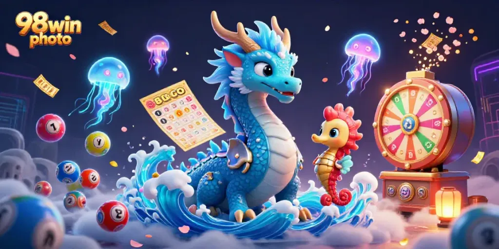 Engage with the 98win photo featuring a vibrant casino scene with dynamic lottery elements and fantasy characters.