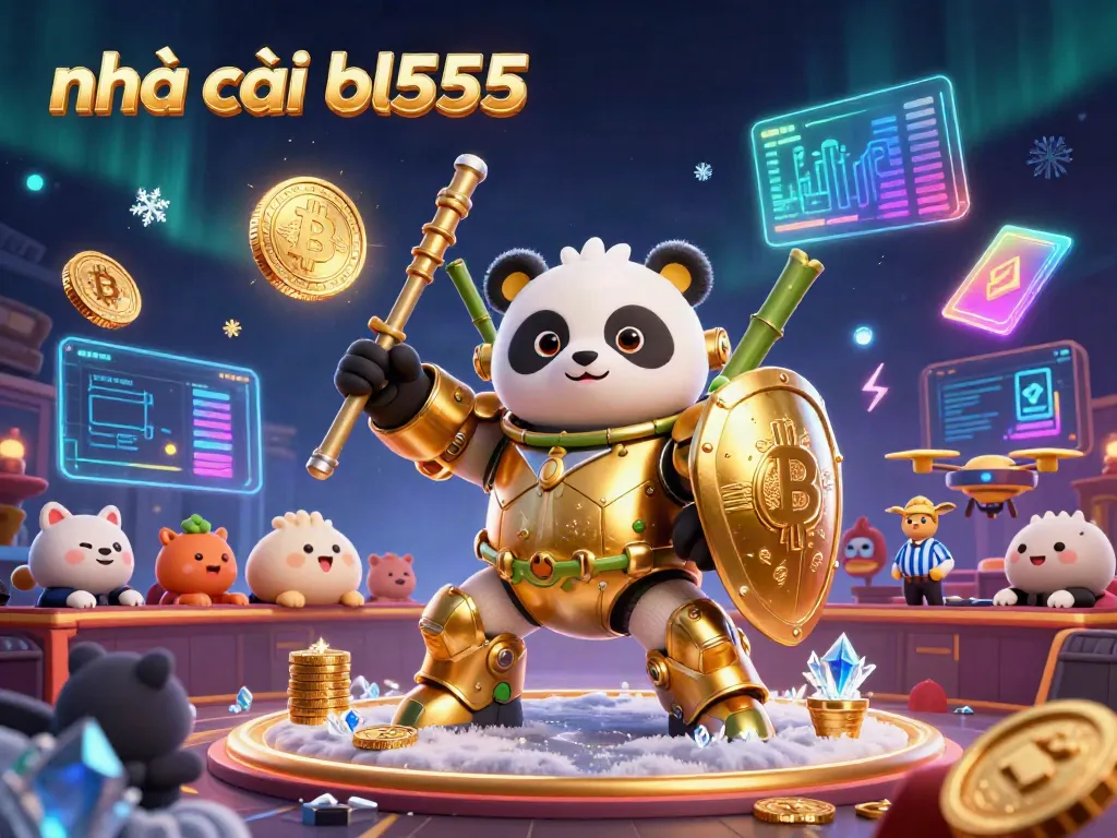 Engage in thrilling action at nhà cái bl555 featuring a mech-suit panda and crypto-themed elements.