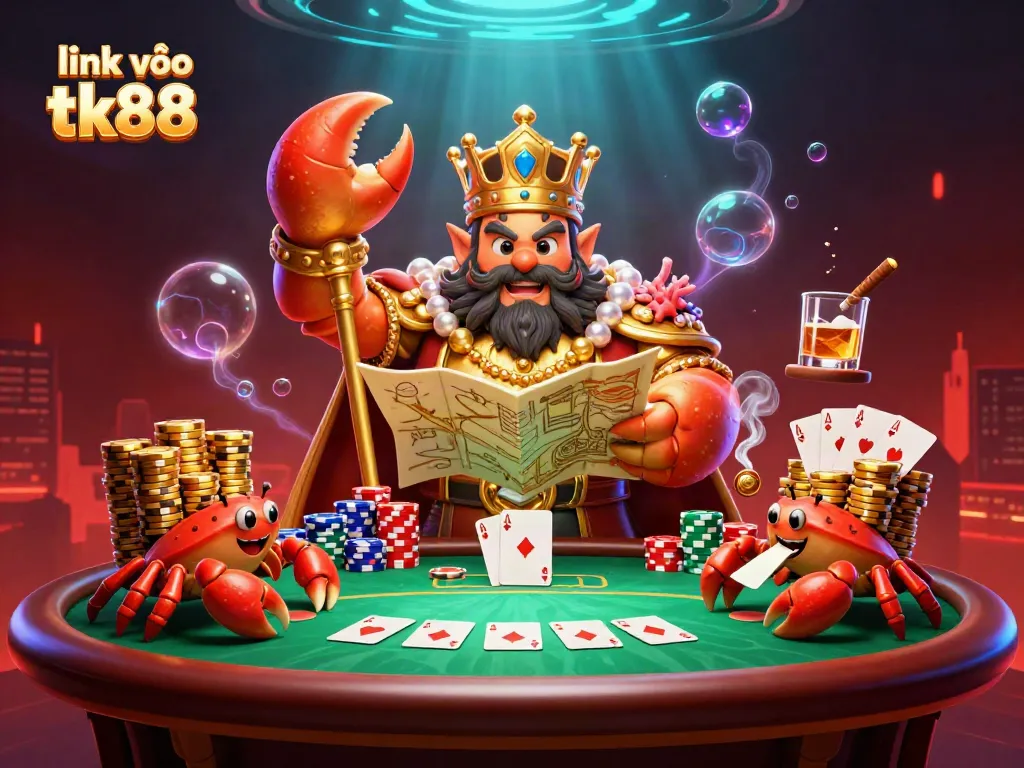 Experience thrilling games and bonuses with link vào tk88, featuring a golden crab emperor and vibrant poker action.