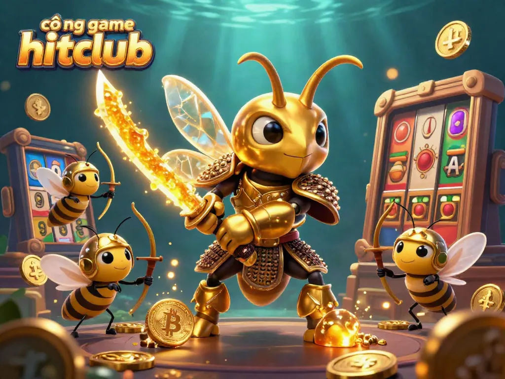 Engage with the cổng game hitclub through thrilling slot games and jackpots illustrated amidst vibrant 3D casino elements.