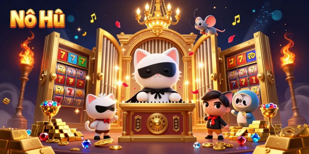 Nổ Hũ is represented by a whimsical scene of a masked cat at a casino organ surrounded by jewels and slot elements.