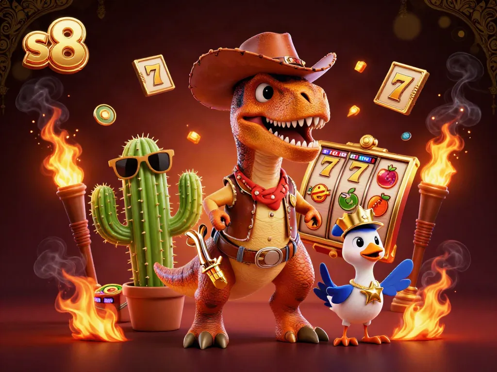 Experience the thrilling world of S8 with a T-Rex cowboy and vibrant jackpot elements, all in dazzling detail.