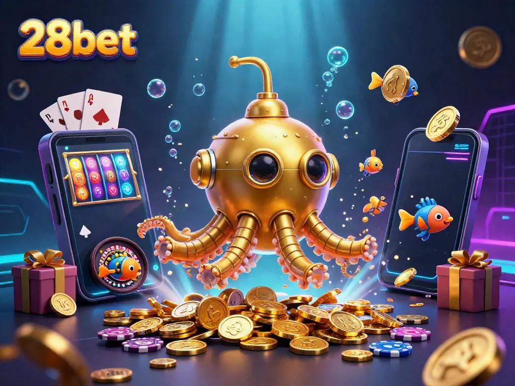 Experience the excitement of 28bet with a vibrant underwater casino scene brimming with golden coins.