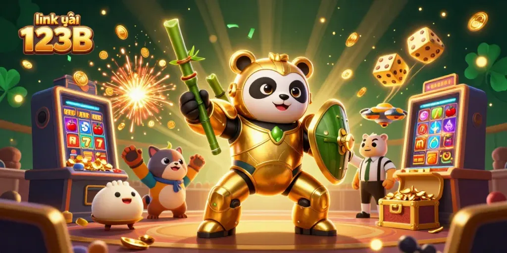 Engage in thrilling bets at link vào 123B with an exciting 3D casino scene featuring a golden panda hero.