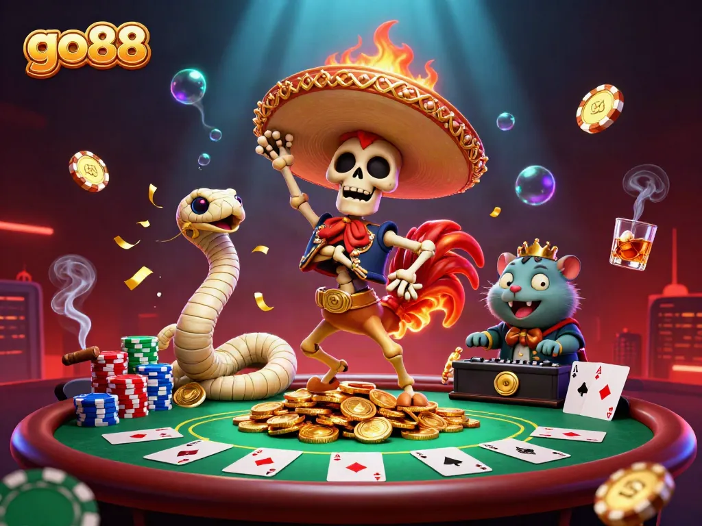 Experience the excitement of go88 with a vibrant casino scene of joyful characters and poker elements.