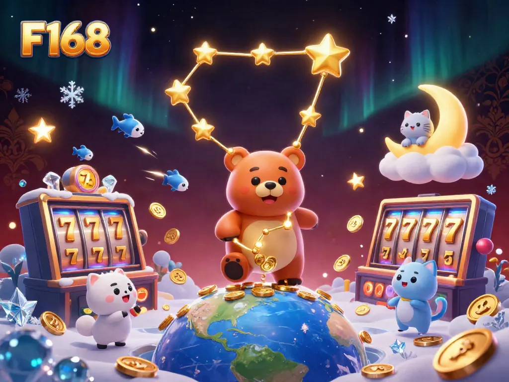 Experience the thrill of F168 with a vibrant constellation bear and jackpot slots illustration.