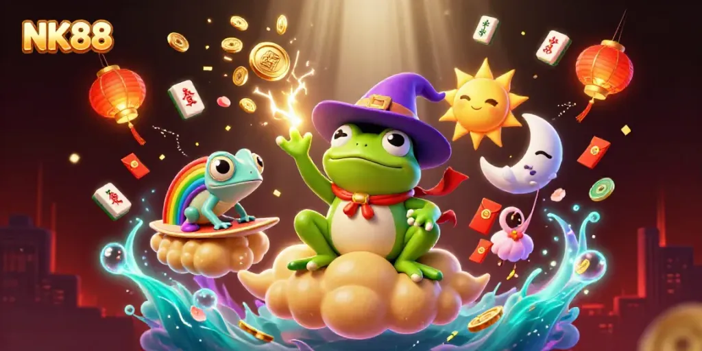 Experience thrilling gameplay at NK88 with a vibrant 3D illustration of fortune and fun.