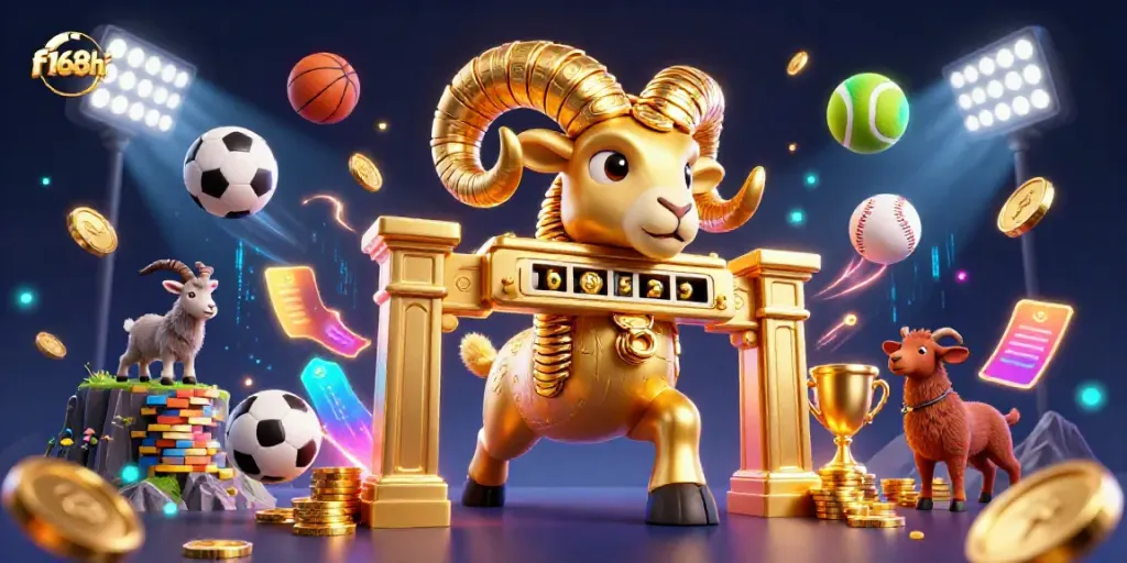 Experience the dynamic action of f168hi with golden ram and sports balls, showcasing casino excitement.
