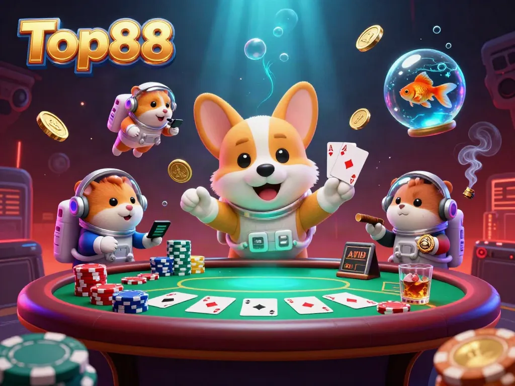 Experience thrilling gaming at Top88 with a floating corgi, chunky poker chips, and vibrant casino elements.