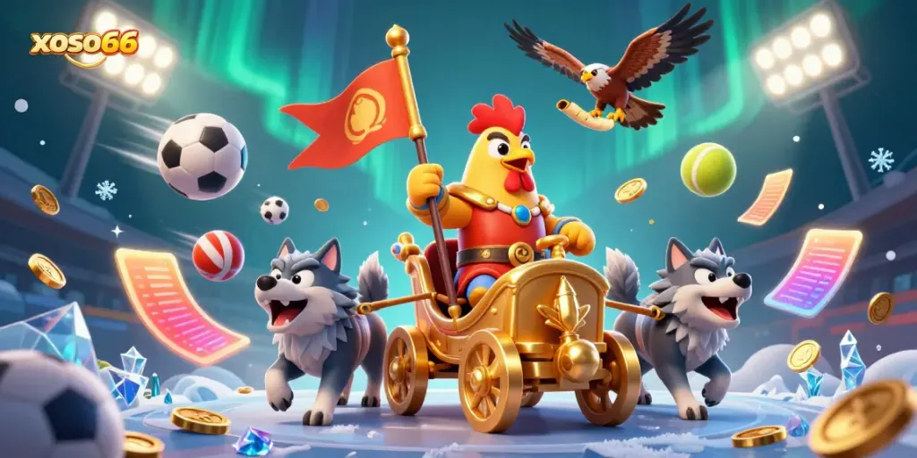 Exciting gameplay at xoso66 with a 3D rooster warlord leading the charge in an engaging gambling environment.