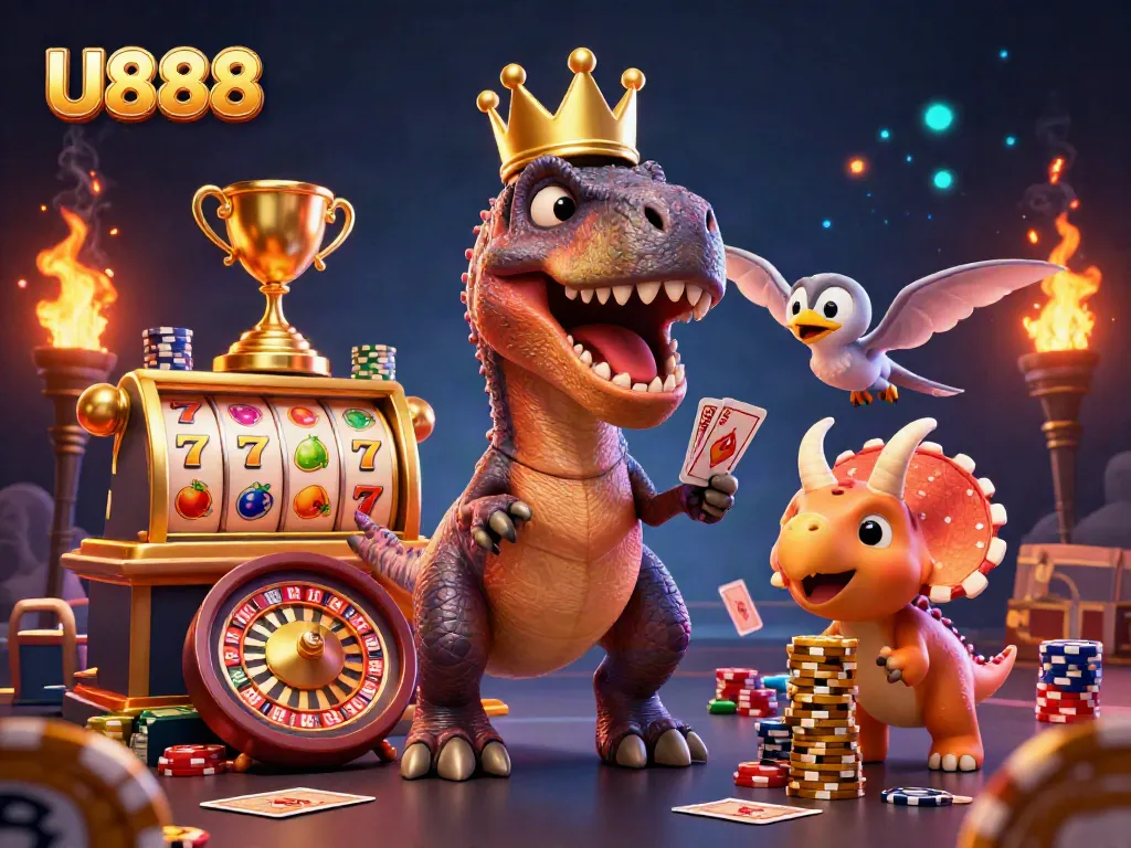 Engage with U888 as whimsical creatures shuffle cards and stack chips in a vibrant casino scene.