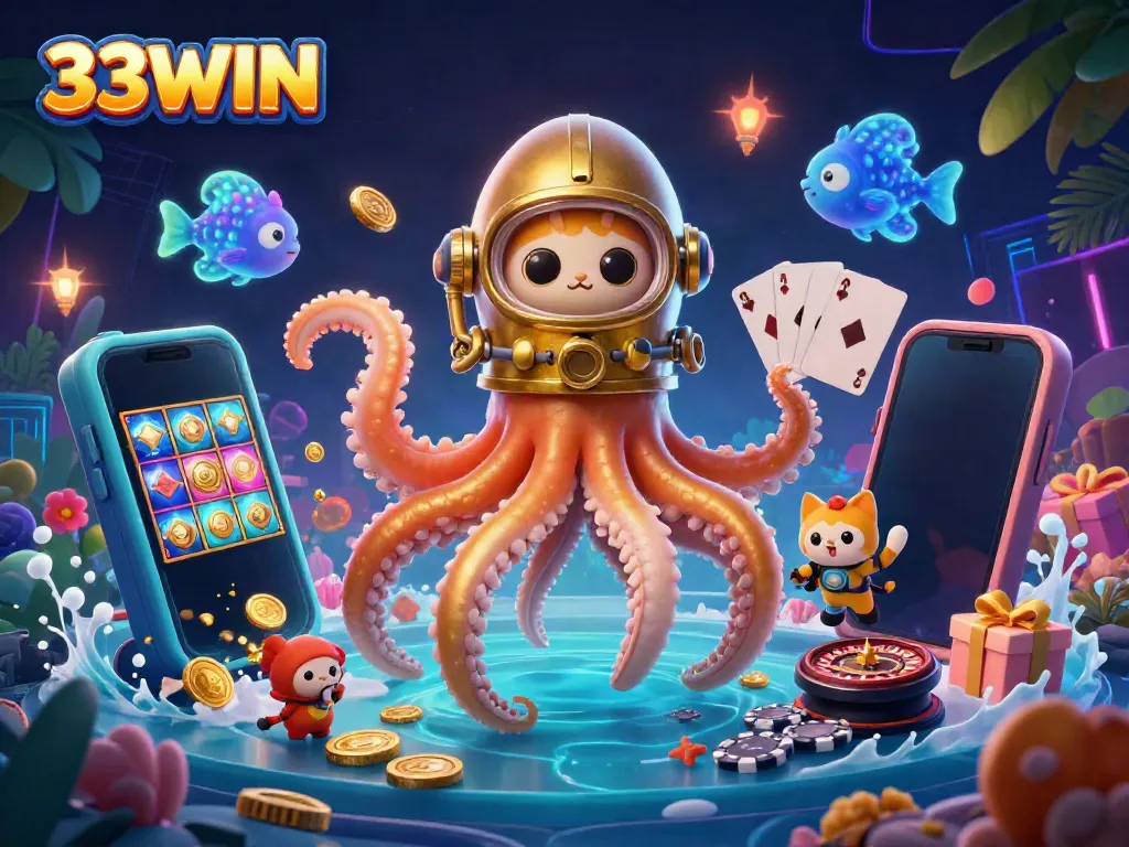 Khám phá thế giới 33WIN với hình ảnh kraken khổng lồ và chú mèo thợ lặn trong casino trực tuyến.