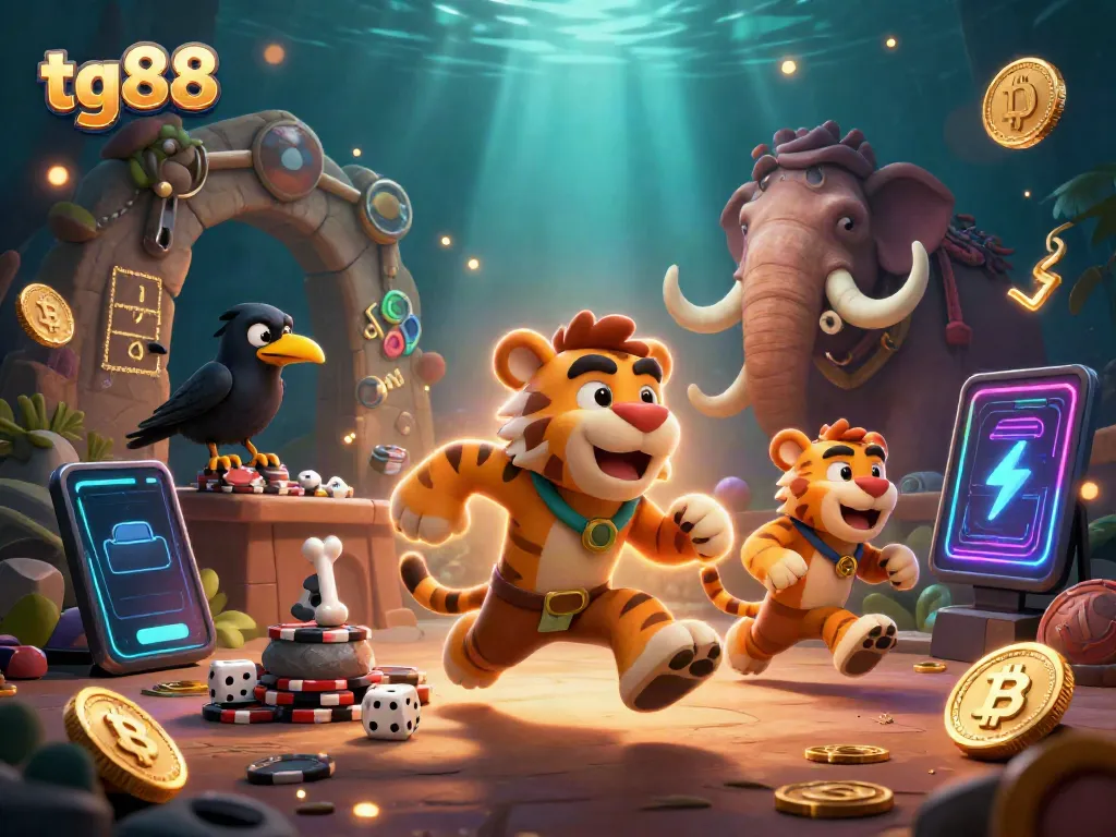 Experience the excitement at tg88 casino with a prehistoric theme featuring dynamic characters and vibrant crypto elements.