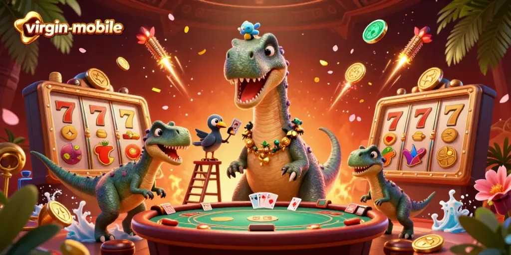 Experience thrilling virtual slots at virgin-mobile casino featuring a giant brontosaurus dealer.