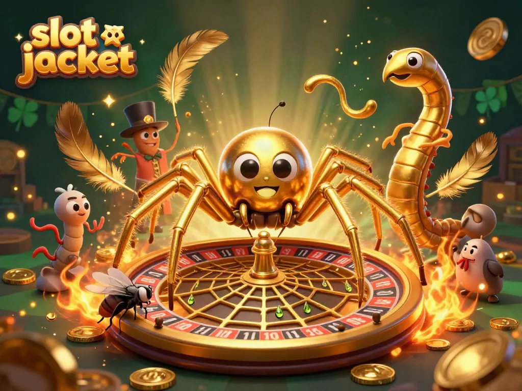 Experience the thrill of hitting a slot jackpot with a dynamic illustration of a spider spinning a roulette wheel.