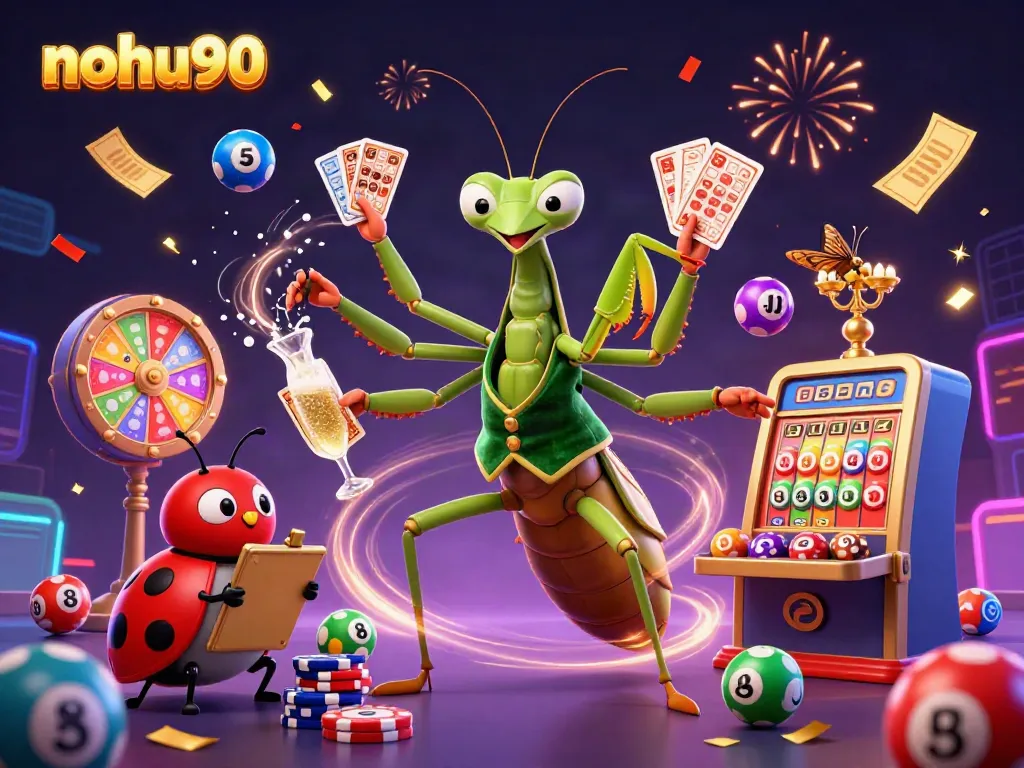Engage with nohu90 in an energetic scene of a giant mantis card sharp, colorful bingo elements, and festive casino motifs.