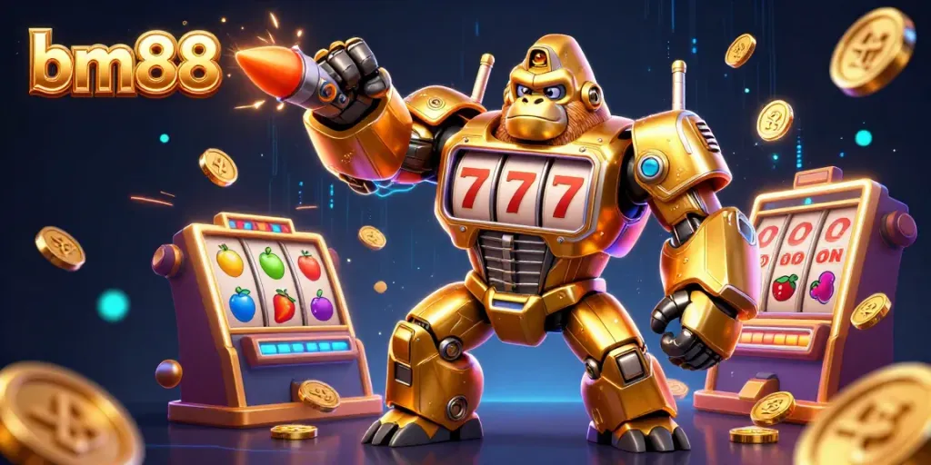 Experience the thrill of bm88 with a golden gorilla mech from a slot machine, surrounded by vibrant gaming elements.